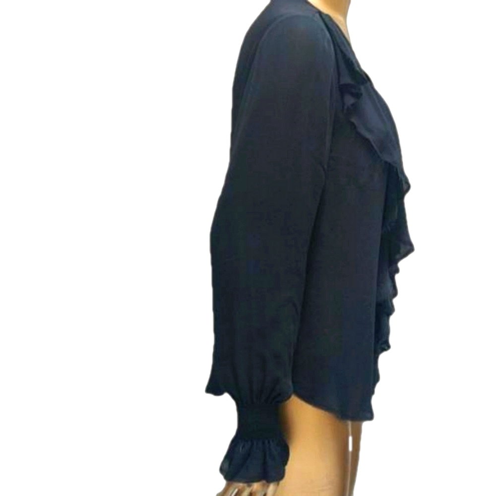 Black Silk Long Sleeve Ruffle Raw Edge Button Up Gothic Blouse Corporate Goth - Picture 4 of 8